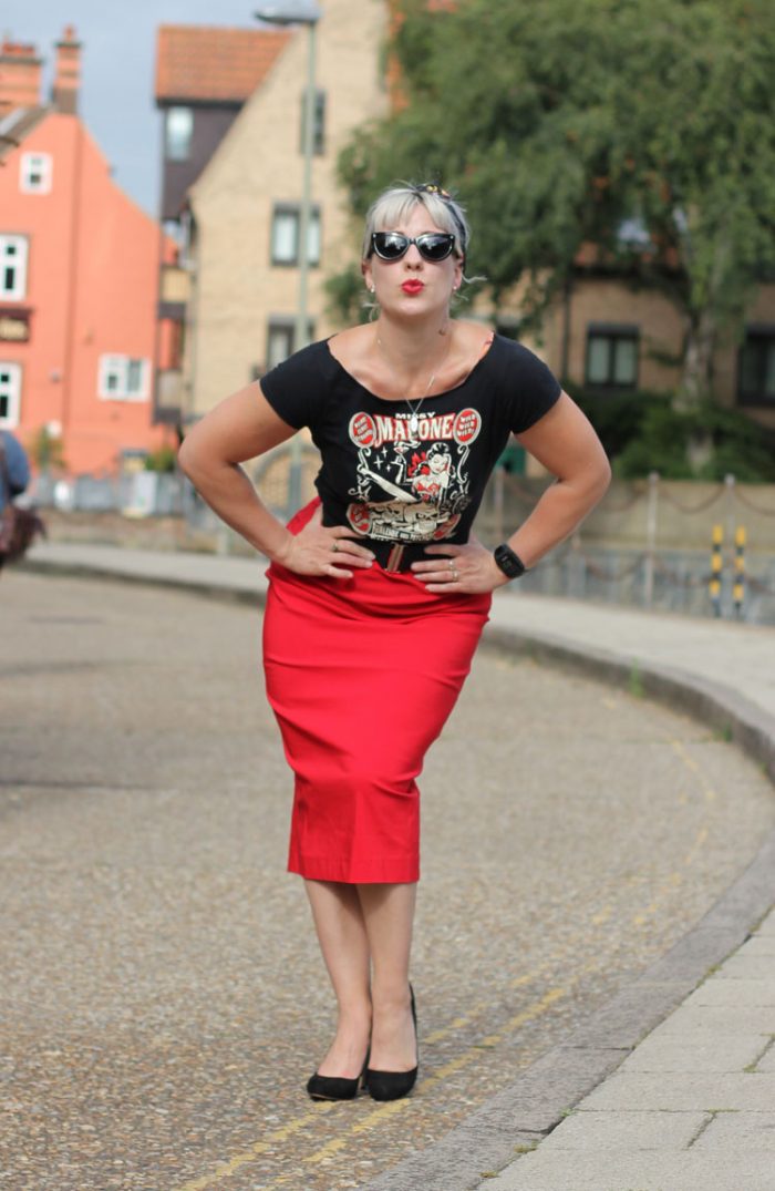 A Red Pencil Skirt with a Splash of Rockabilly Style